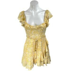 Debbie Dabbie Yellow Flutter Sleeve Ruffle Tie Waist Mini Fit & Flare Dress Sz 6